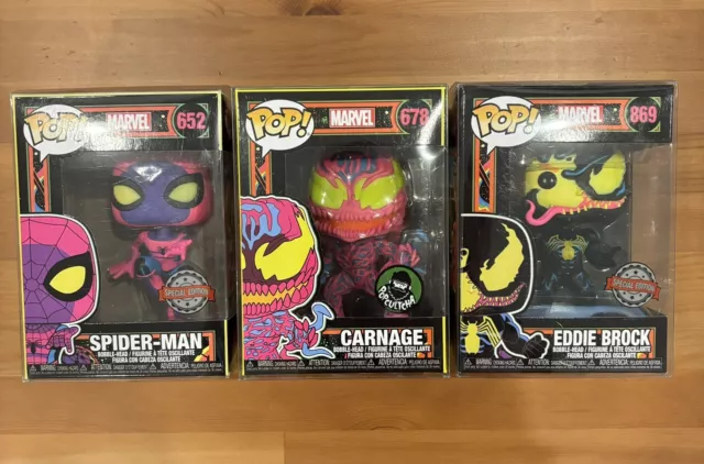 Funko Pop #652 Spider-Man #678 Carnage & #869 Eddie Brock Blacklight Set