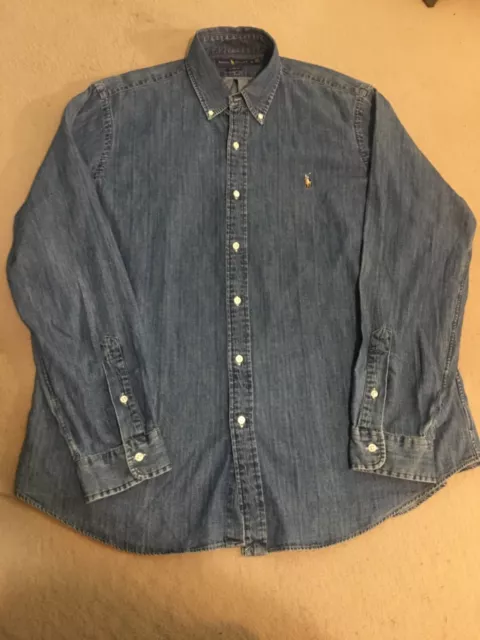 VTG Polo Ralph Lauren Blue Denim Long Sleeve Jean Button Up Shirt Men's X Large