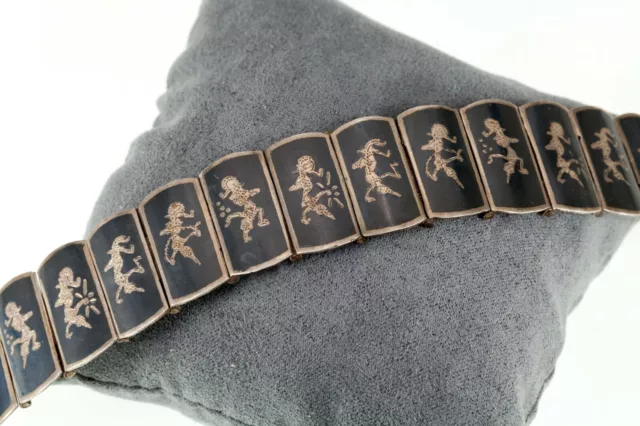 Vintage Thai Silver Siam Niello Enamel Panel Bracelet 6.50"
