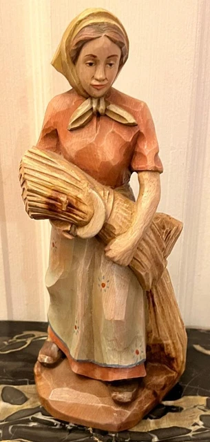 ANRI Old Vintage Hand Carved Wood Wooden Carving Woman Lady Harvest Farming