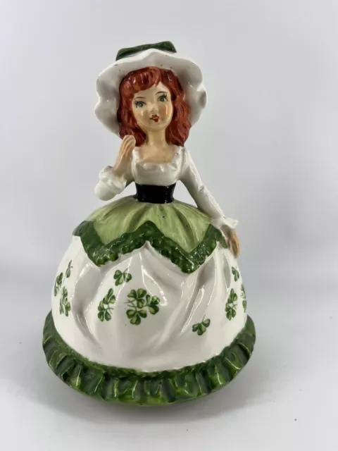 Vtg 1970s Ceramic Irish Girl Musical Figurine Lucky Green Dress Clovers 6.75”