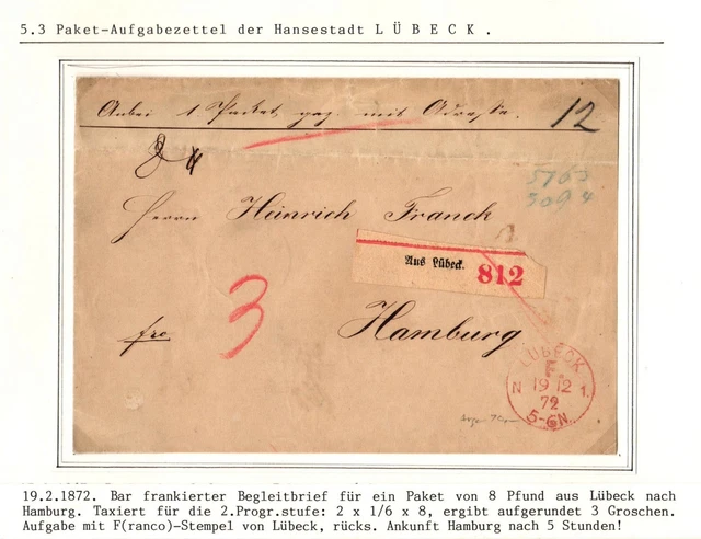 Lübeck Paketbegleitbrief Franco Stempel, Ankunft nach 5h #IB886