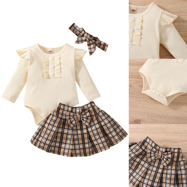 Baby Girls Clothing Sets Ruffle One-piece Romper Plaid Skirt Bow Headband Outfit