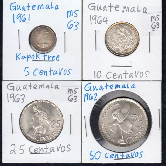 1961-64 GUATEMALA 5, 10, 25 & 50 CENTAVOS .720 SILVER, Nice Type Set - GEM BU's