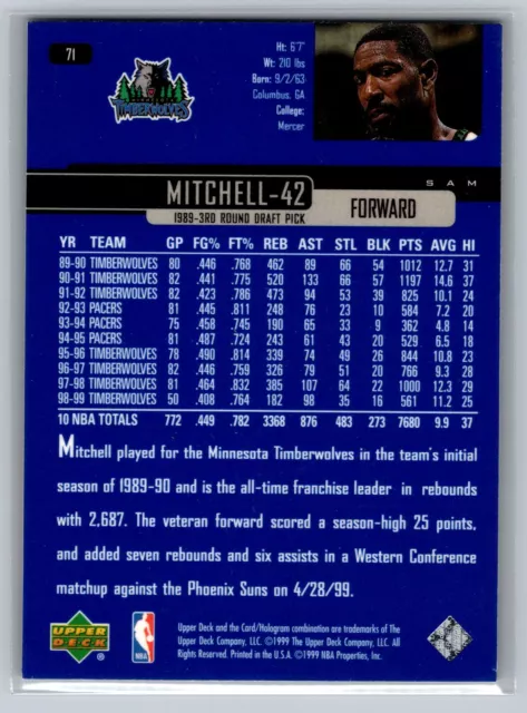 1999 UPPER DECK Basketball #71 Sam Mitchell Minnesota Timberwolves EUR ...