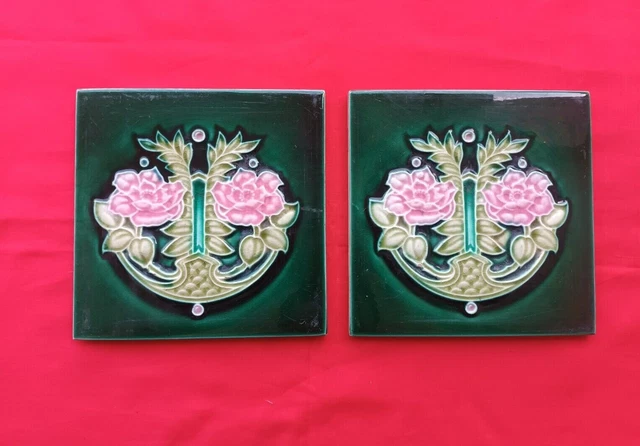 2 Piece Old Art Deco Floral Design Embossed Majolica Ceramic Tiles England 0157 3