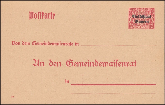 Bayern Dienstpostkarte/Behörde DPB 8 Wappen 10/10 Pf. DV 19, karmin, **