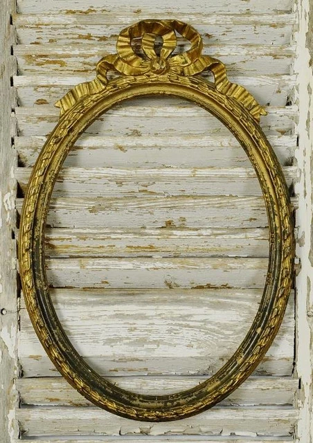 Superb Large Antique French Gesso On Wood Gilded Oval Picture Frame, Bow Crest