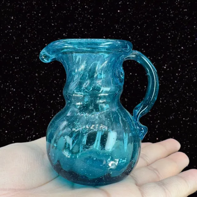 Hand Blown Blue Art Glass Small Pitcher Creamer Hand Made Glass Pitcher W Handle
