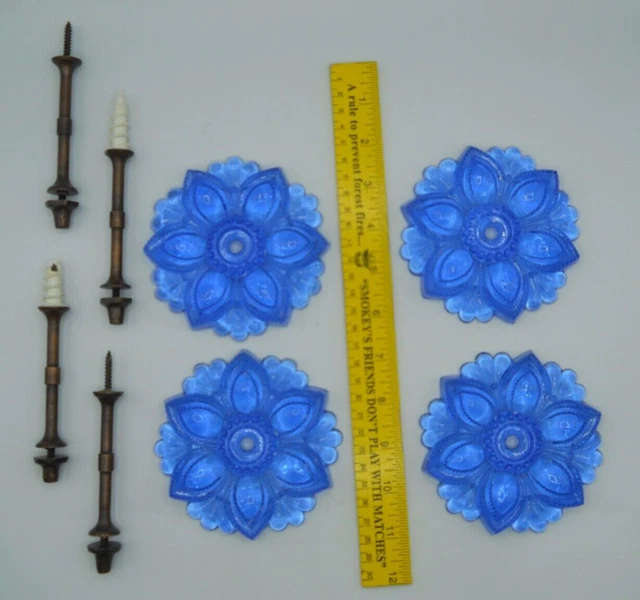Vintage Antique 4 Blue Glass Victorian Curtain Tie Backs Holder W/ Hardware Pair 2