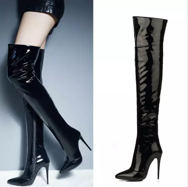 High Stilettos Heels Patent Leather Pointy Toe Women Over Knee High Thigh Boots