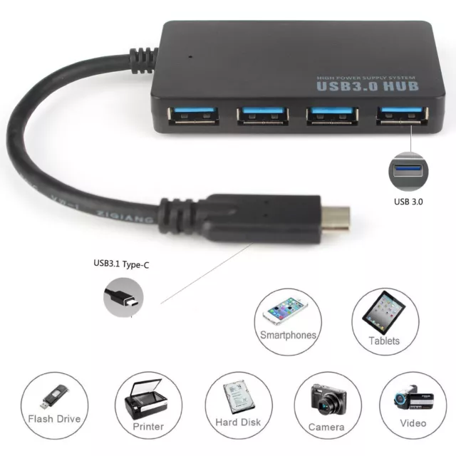 Ultra-Slim USB C Hub Type-C Adapter 4 USB 3.0 Ports For PC Mac Laptop Desktop US