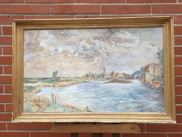 Tableau ancien signé. Paysage. Peinture huile sur panneau de bois. Style XX°.