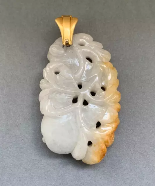 Antique Chinese Carved Celadon Russet Jade Jadeite 14K Pendant