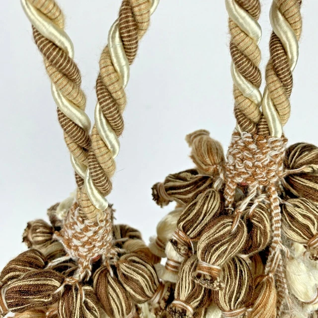 Set 2 Large Drapery Curtain Braided Tie Backs with Tassels Brown Taupe Pompoms 10