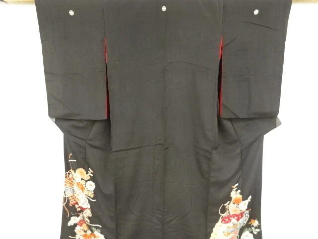 38782# Japanese Kimono / Antique Tomesode / Fan With Kiku & Peony