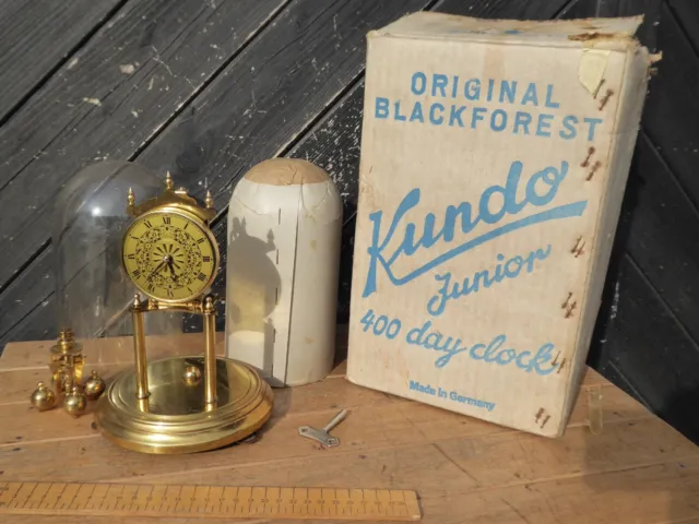 Boxed 1960s Kundo 'Junior ' 400 day Dome Clock . Glass dome with key / packing