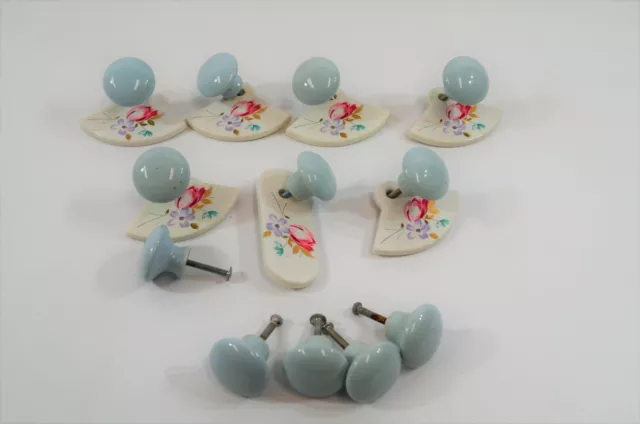 Belwith Ceramic Cabinet Pulls Dresser Drawer Knobs Backplates Floral Blue Round