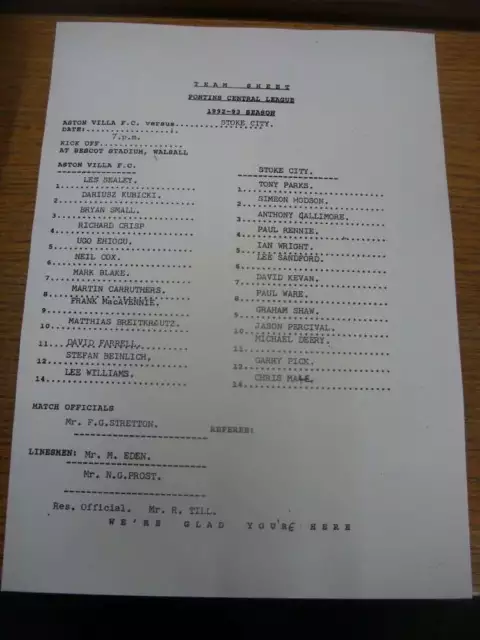 1992/1993 Aston Villa Reserves v Stoke City Reserves [At Walsall] (single sheet)