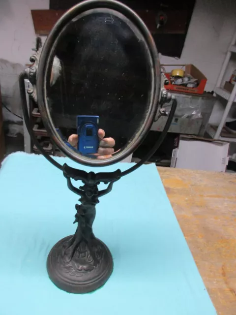 Beautiful Vintage Antique Art Nouveau Cast Iron Lady Vanity Mirror Swivels 17"++