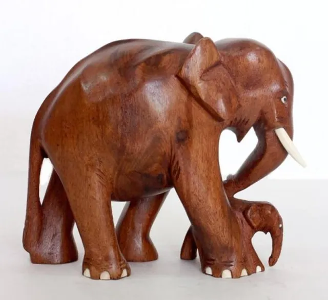 Handmade Wooden Elephant Sculpture Statue Lucky Hand Carved Figurine 2
