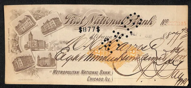 FNB Urbana, IL $877 1900 Bank Check Revenue Stamp w/ University Bldg. Vignettes