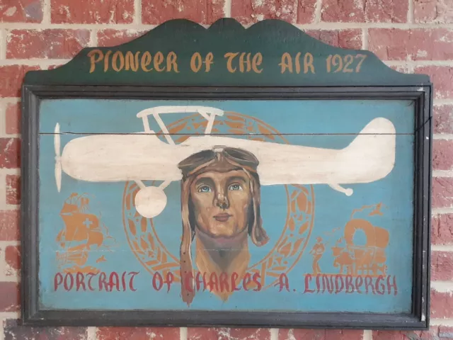 RARE Antique CHARLES LINDBERGH Air Pioneer AIRPLANE Painted FOLK ART Board SIGN