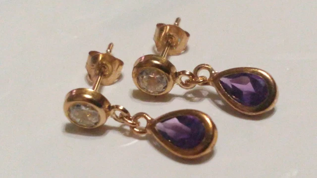 9ct Real Gold Small Teardrop Amethyst Stud Earrings - Natural Stone, Gift Box, Made In England
