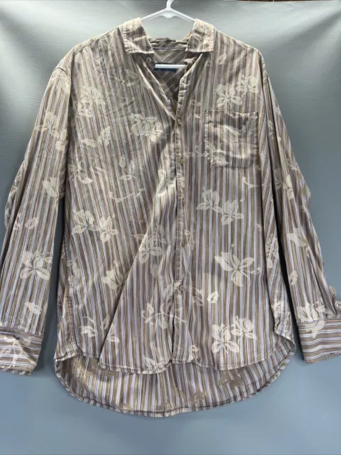 Tommy Bahama Cotton Silk Blend Mens L Brown Striped Long Sleeve Hawaii Shirt