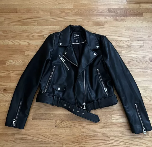 WOMEN'S ZARA BIKER black Faux leather jacket Size L $159 $75.00 - PicClick