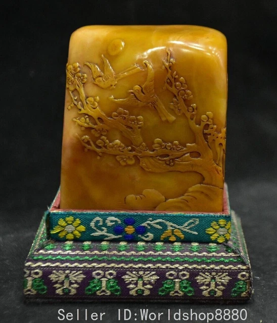 4" Chinese Natural Tianhuang Shoushan Stone Carved Flower Bird Magpie Seal Stamp