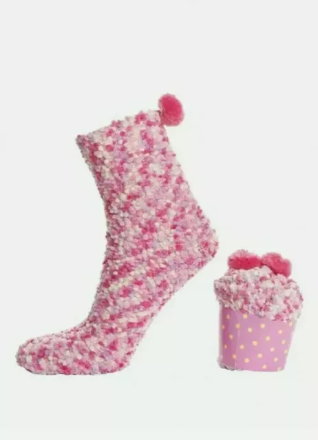 2 Pairs Novelty Pink Pompom Cupcake Cake Socks Bed Socks Size 3-8 Gift Boxes
