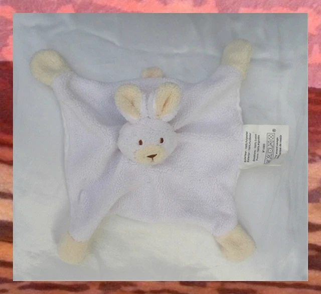 Doudou Plat Carré Lapin Blanc Et Jaune Beige Eponge 4 Nœuds SAS BABOU