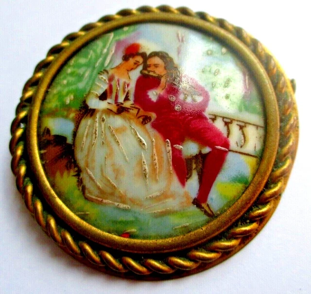 Grande Broche Ancienne Russe – Fleurs Peintes à La Main Sur Bois – Vintage XXe Siècle