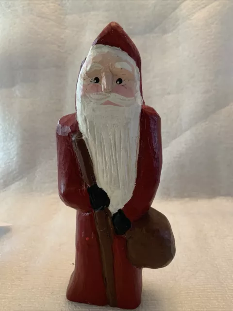Wooden Folk Art Santa Hand Carved Hand Painted 1999 Signed Vtg