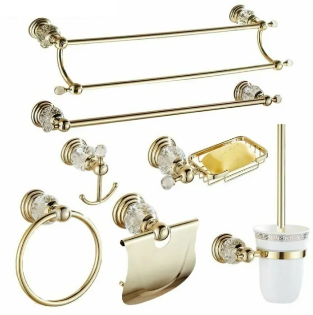 Luxury Crystal Bathroom Accessories Gold Polished Brass Wall Bath Hardware Sets