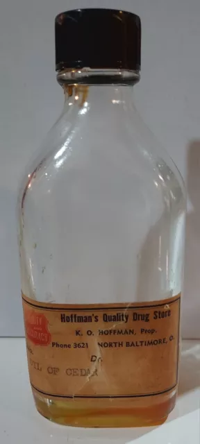 Vintage Pharmacy Paper label Bottle Oil of Cedar. Hoffman's drugs. OHIO