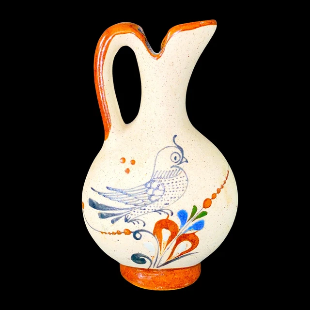 Vintage Tonala Mexico Pottery Folk Art Hand Painted Vase Owl 5.5”T 2.5”W Brown