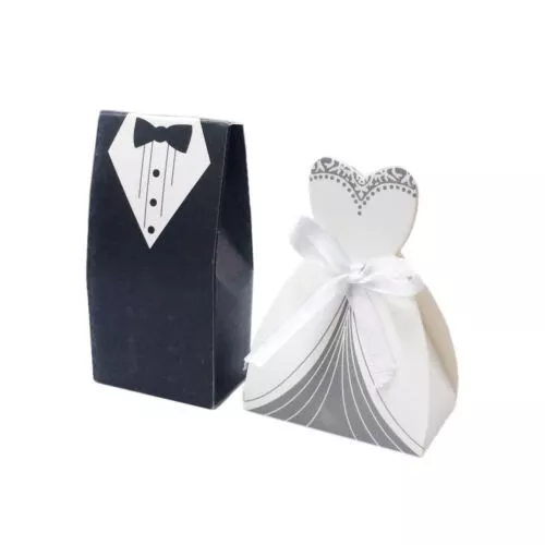 100 Stück Hochzeit Geschenkbox Braut & Bräutigam Kleid Smoking Party w / Ribbon