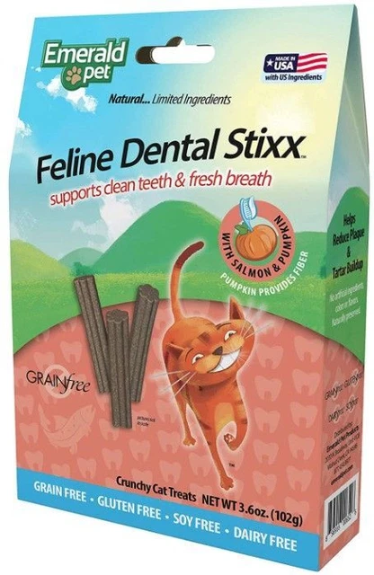 Receta dental Stixx de salmón y calabaza felina esmeralda mascota