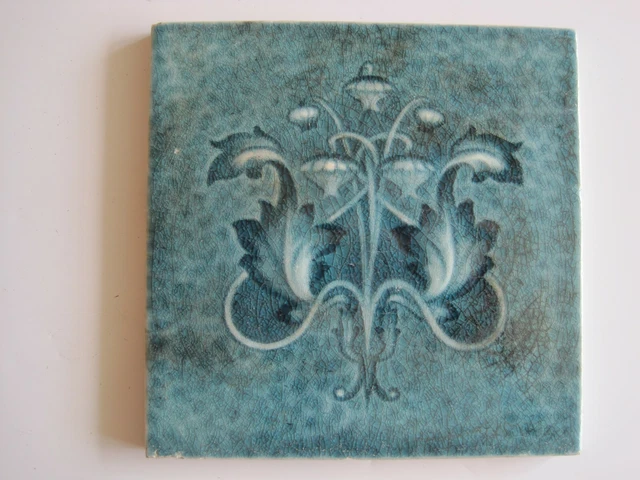 Antique 6" Blue Glazed Malkin Edge Art Nouveau Floral Tile - C1870-1900