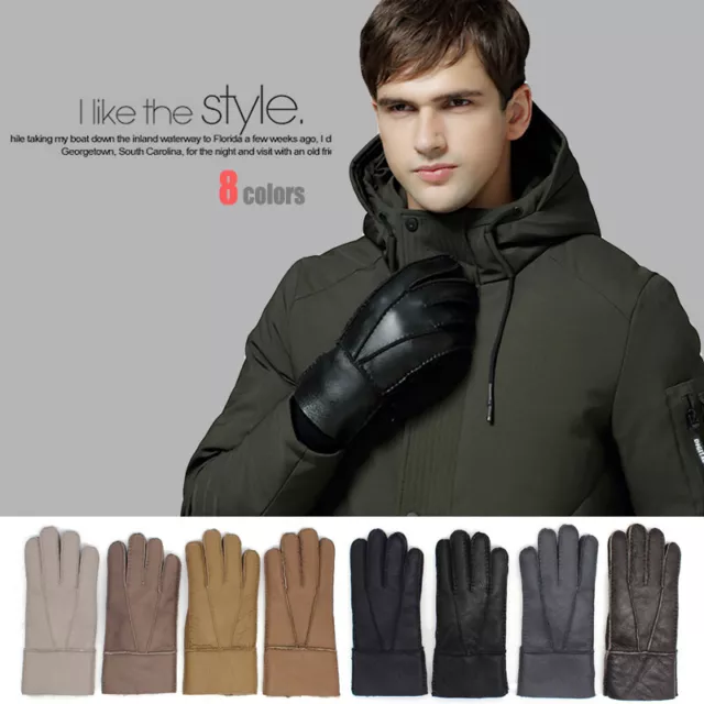 Mens Real Genuine Leather Sheepskin Shearling Gloves Warm Mitten Black Brown New 2