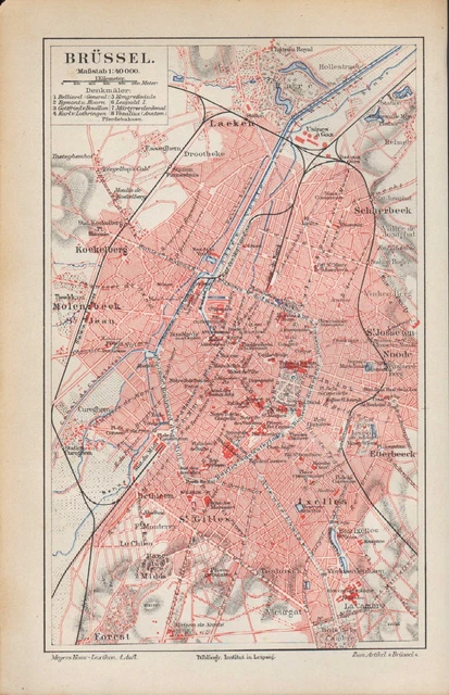 Landkarte city map 1890: Stadtplan BRÜSSEL, Massstab: 1 : 40.000 Belgien Europa