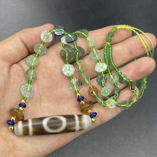 Ancient Roman Glass Beads With Tibetan Ancient Eyed Agate Dzi Bead Necklace