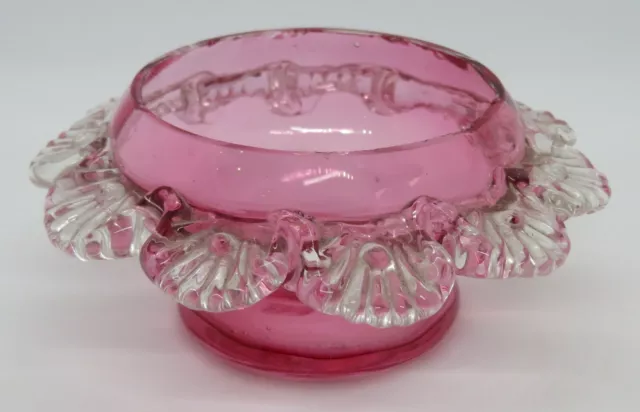 . Cranberry pink glass vintage Victorian antique small salt condiment bowl