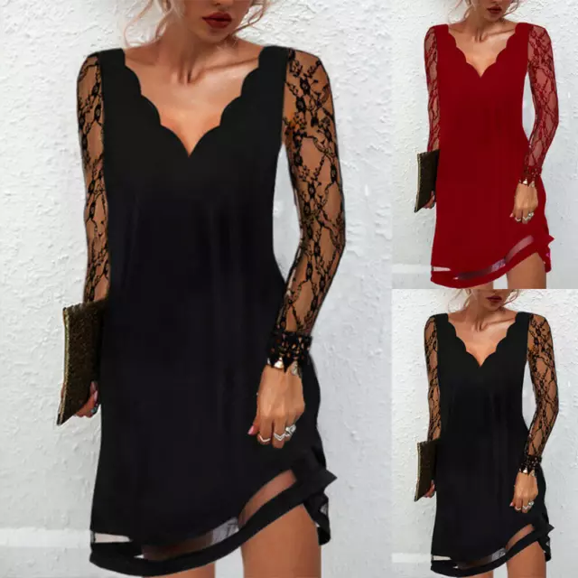 ️Women's V-neck Long Sleeves Lace Dress Ladies Evening Cocktail Party Mini Dress