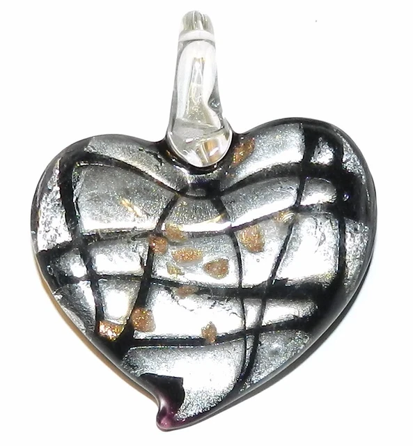 P1254 Black Swirl Silver Foil w Gold Sparkle 45mm Heart Lampwork Glass Pendant