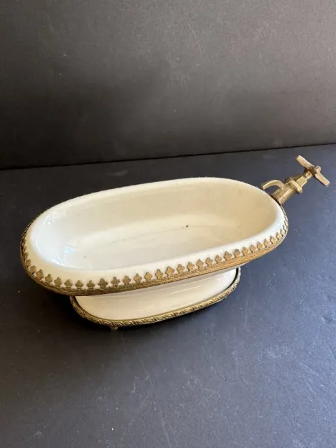 Vintage Porcelain Brass Soap Dish Holder  Antique Footed Bathtub Filigree