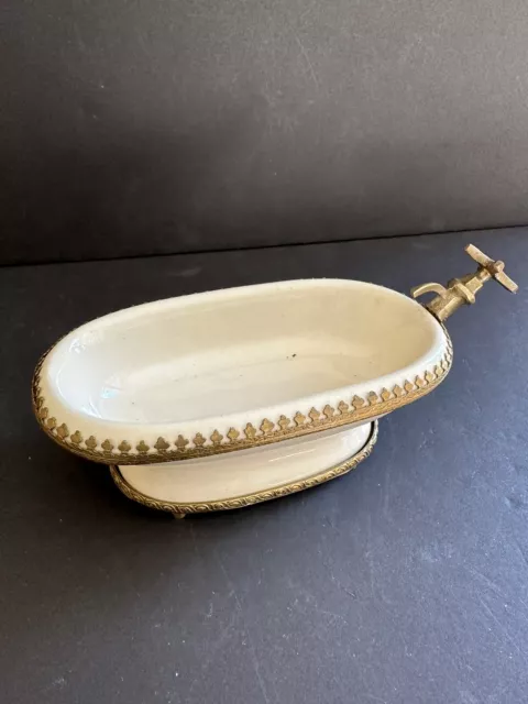 Vintage Porcelain Brass Soap Dish Holder  Antique Footed Bathtub Filigree