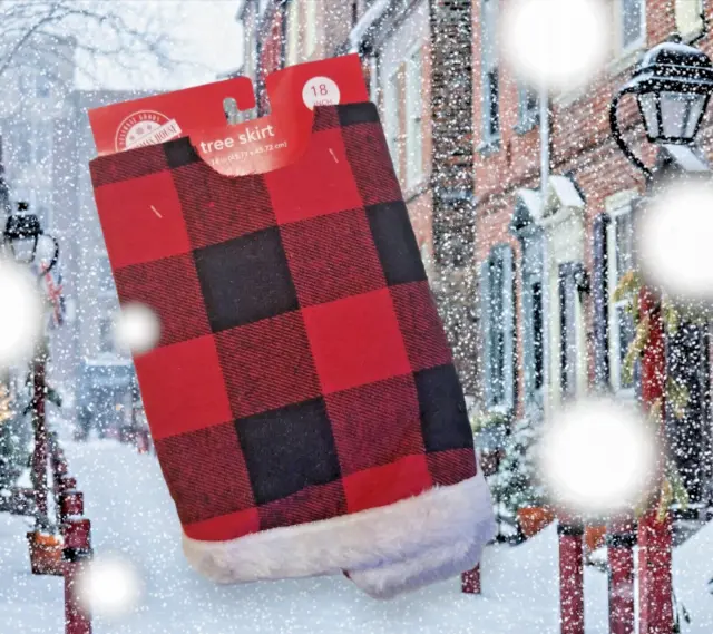 Mini falda de árbol con diseño a cuadros rojo y negro casa de Navidad borde de piel sintética de 18 pulgadas